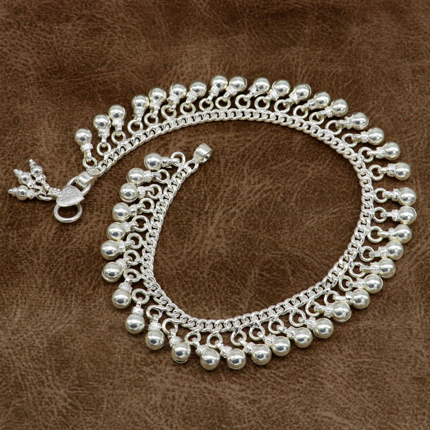 10.5" Vintage antique style sterling silver handmade solid chain ankle bracelet with amazing noisy jingle bells belly genuine jewelry ank379 - TRIBAL ORNAMENTS