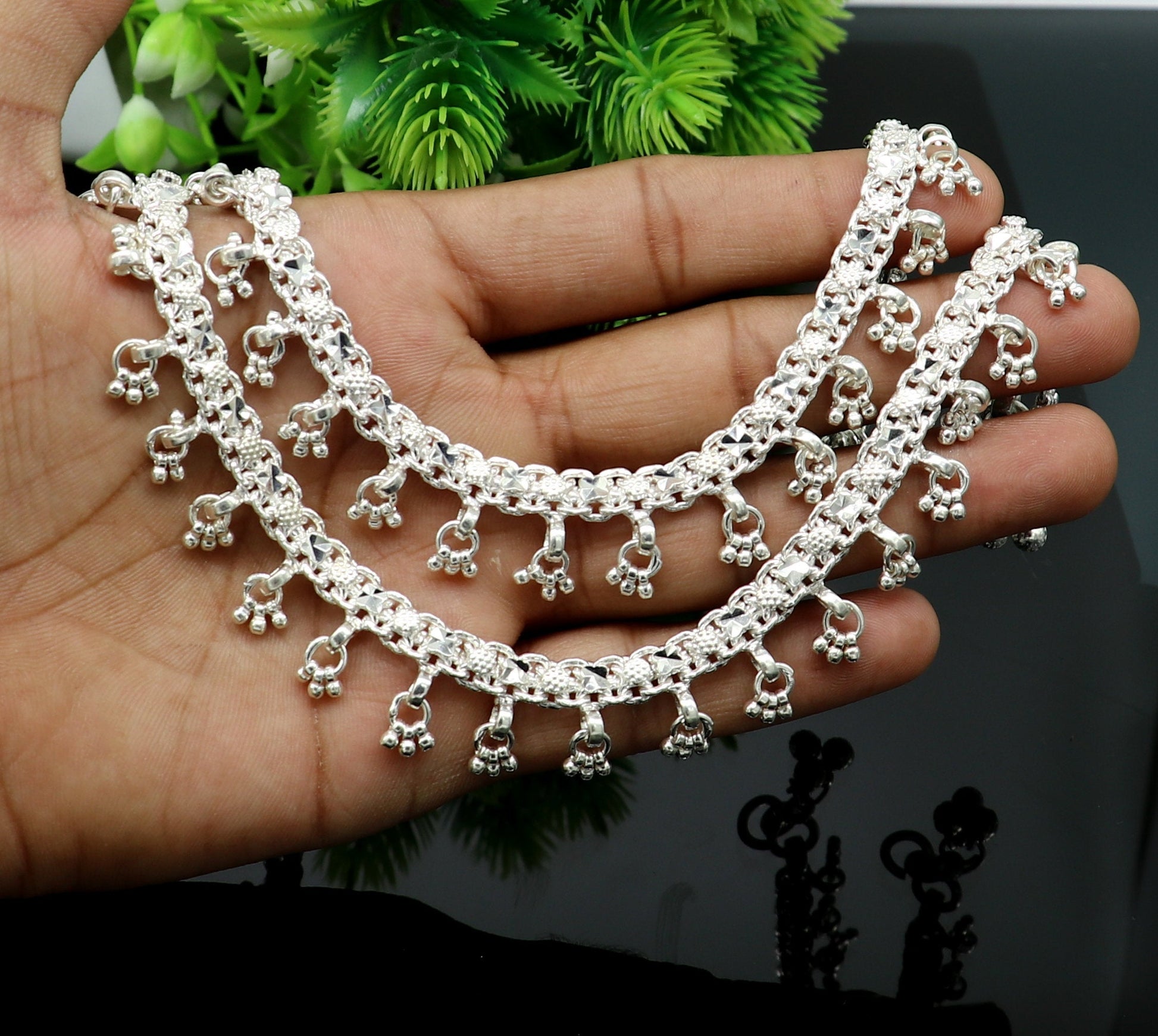 10.5" sterling silver solid handmade vintage stylish anklet bracelet foot bracelet tribal belly dance wedding tribal jewelry gifting ank383 - TRIBAL ORNAMENTS