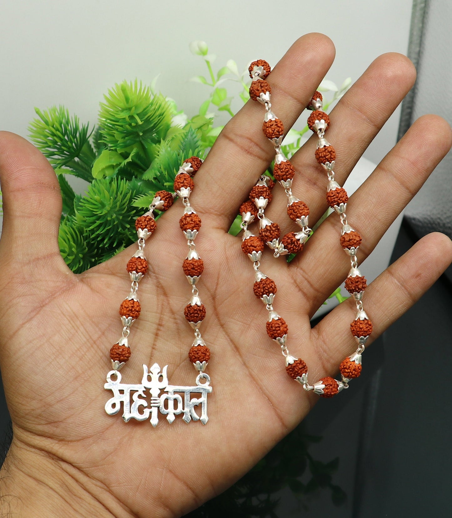 925 sterling silver customized Rudraksha beaded Mahakaal Shiva pendant necklace, best blessing divine necklace from india set191 - TRIBAL ORNAMENTS