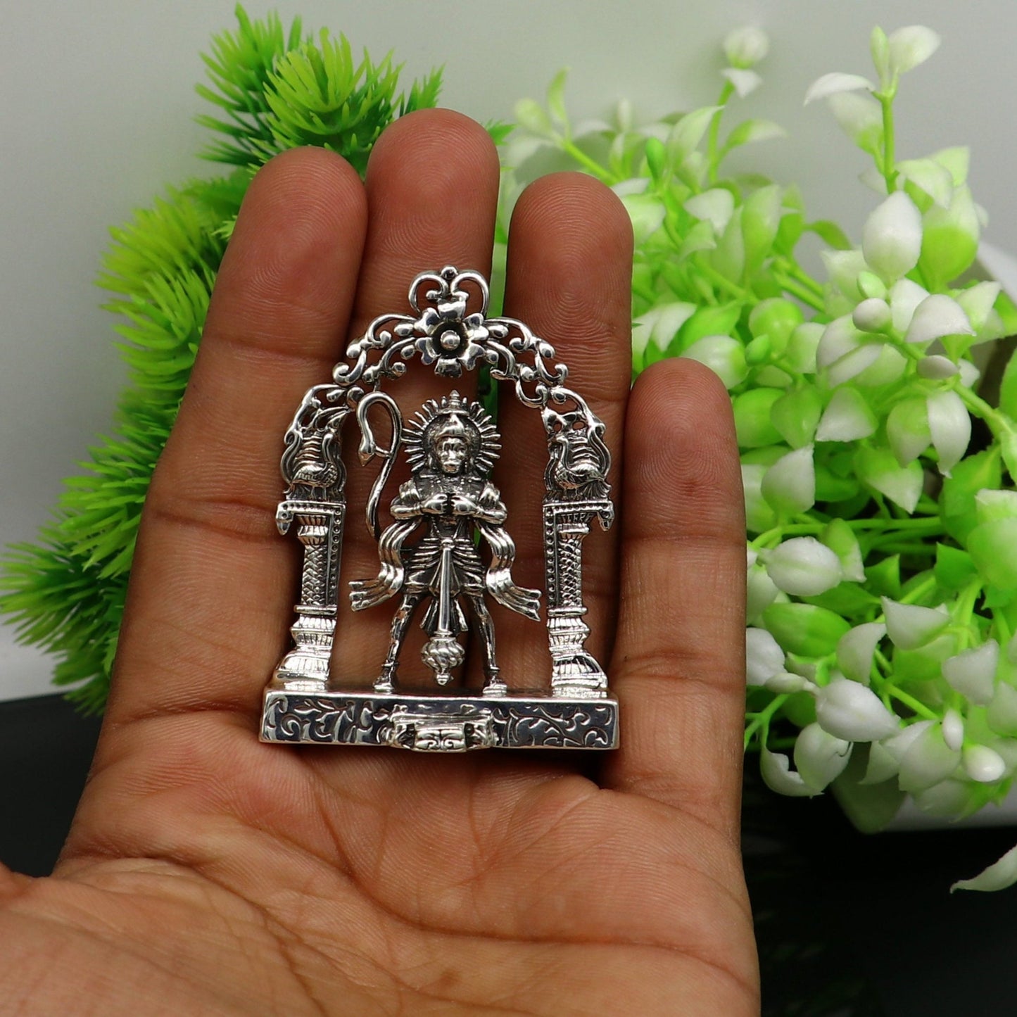 925 Sterling silver handmade floral design Indian Idols Lord Hanuman standing Statue figurine, puja articles decorative gift art15 - TRIBAL ORNAMENTS