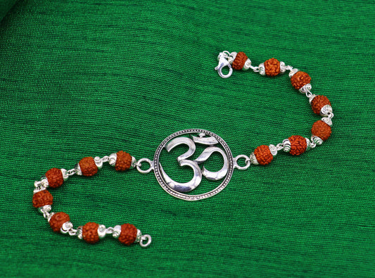 925 Sterling silver customized rudraksha beaded 'AUM' Rakhi or bracelet. best gift for your brother's  for special Rakshabandhan rk001 - TRIBAL ORNAMENTS