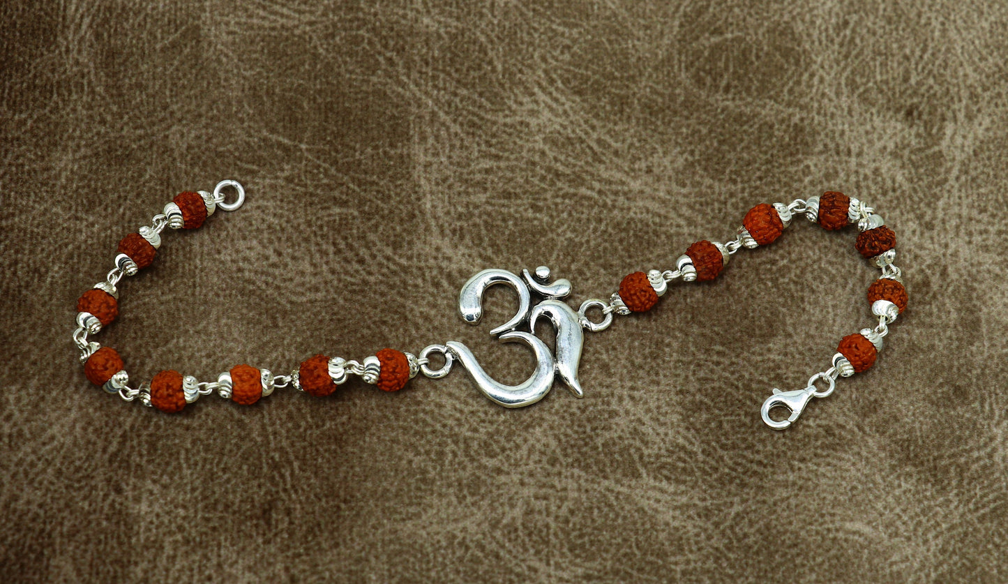8" 925 Sterling silver customized rudraksha beaded 'AUM' Rakhi or bracelet. best gift for your brother's for special Rakshabandhan rk02 - TRIBAL ORNAMENTS