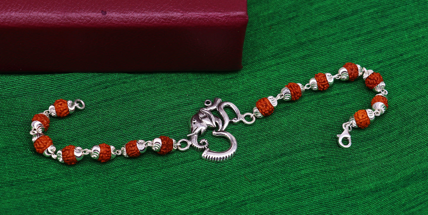 8.0" 925 Sterling silver customized rudraksha beaded 'AUM' Rakhi or bracelet. best gift for your brother's  for special Rakshabandhan rk04 - TRIBAL ORNAMENTS