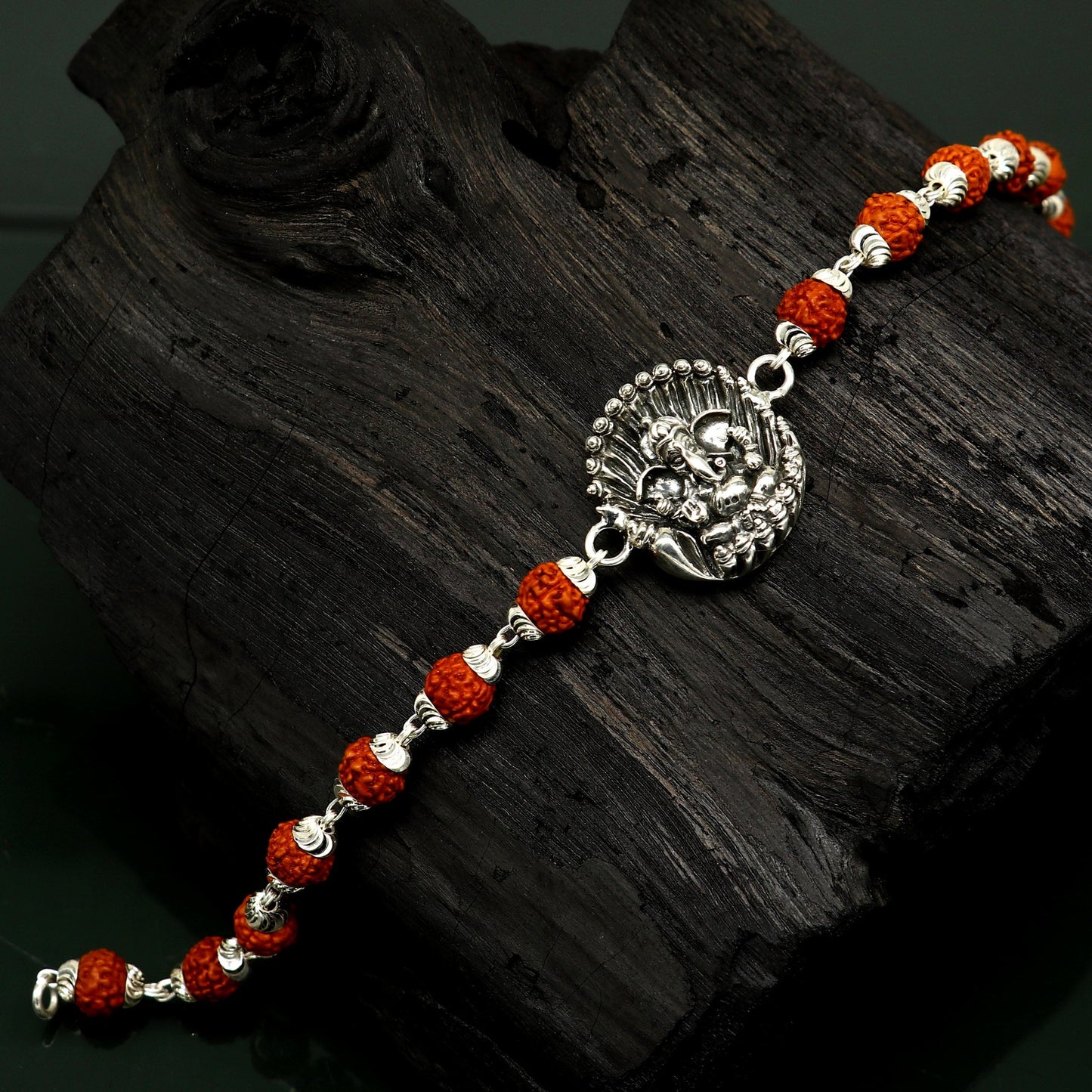 8" 925 Sterling silver customized rudraksha beaded Lord Ganesha Rakhi bracelet. best gift for your brother's of special Rakshabandhan rk07 - TRIBAL ORNAMENTS