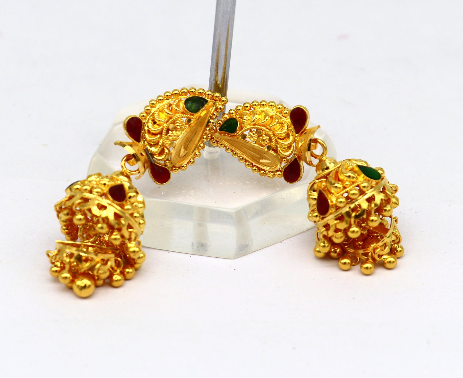 22kt yellow gold customized filigree work stud earring jhumki, amazing stunning brides jhumka earring best gifting earrings er128 - TRIBAL ORNAMENTS