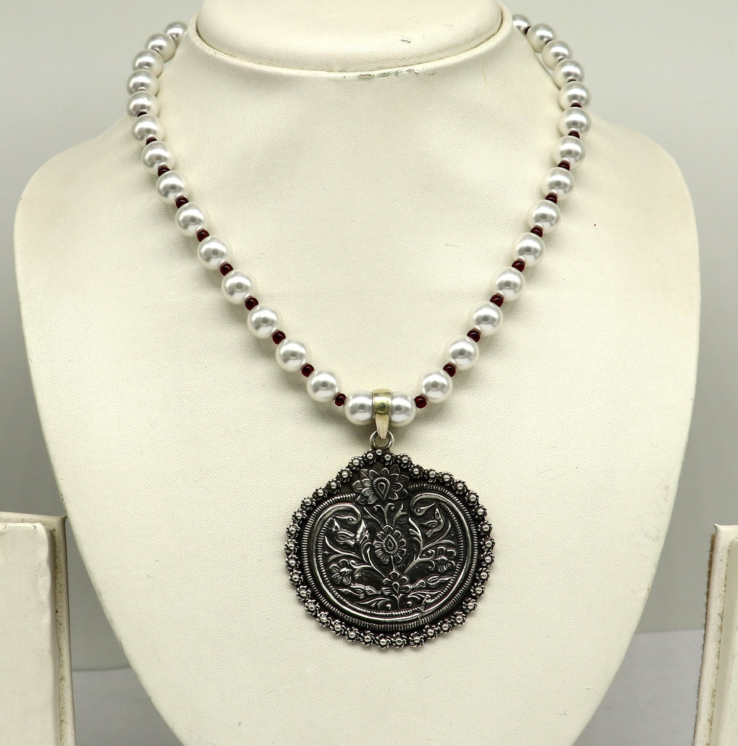 925 sterling silver handmade beautiful floral design pendant with gorgeous 8mm pearl tribal necklace, wedding stylish brides gift set201 - TRIBAL ORNAMENTS