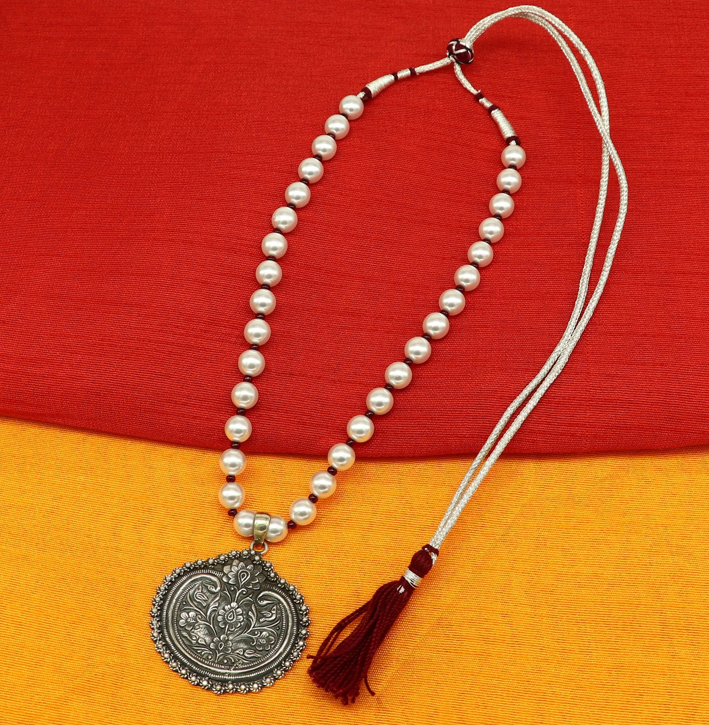 925 sterling silver handmade beautiful floral design pendant with gorgeous 8mm pearl tribal necklace, wedding stylish brides gift set201 - TRIBAL ORNAMENTS