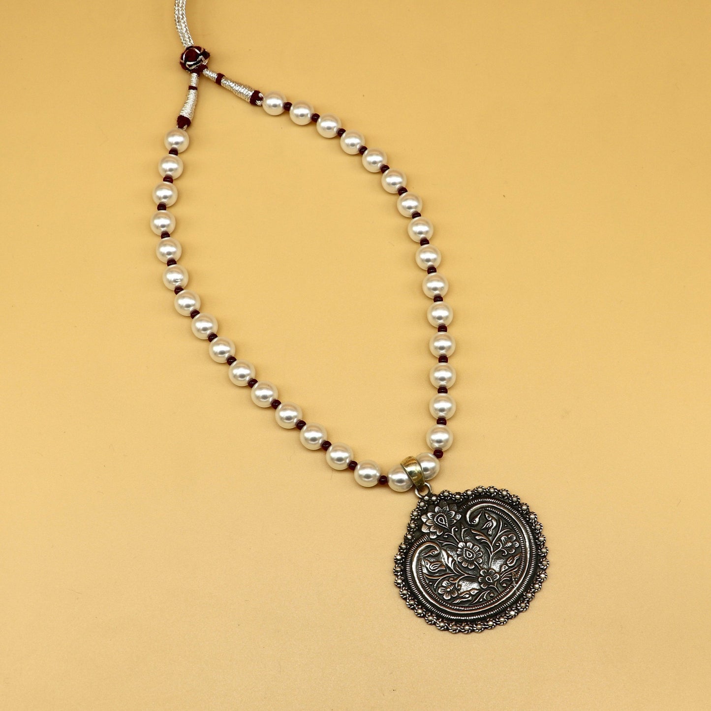 925 sterling silver handmade beautiful floral design pendant with gorgeous 8mm pearl tribal necklace, wedding stylish brides gift set201 - TRIBAL ORNAMENTS