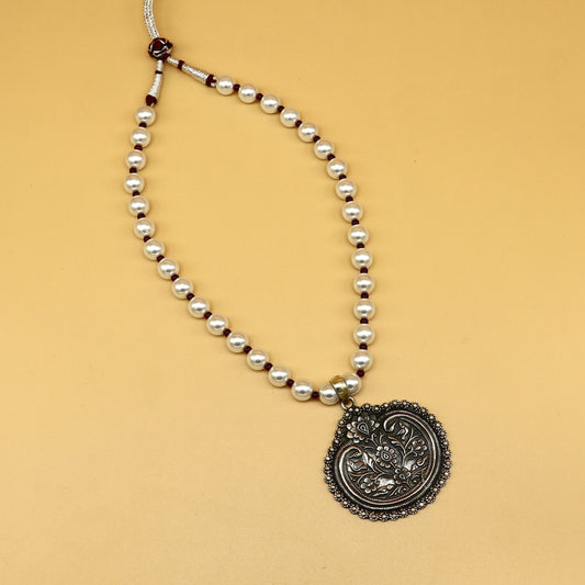 925 sterling silver handmade beautiful floral design pendant with gorgeous 8mm pearl tribal necklace, wedding stylish brides gift set201 - TRIBAL ORNAMENTS