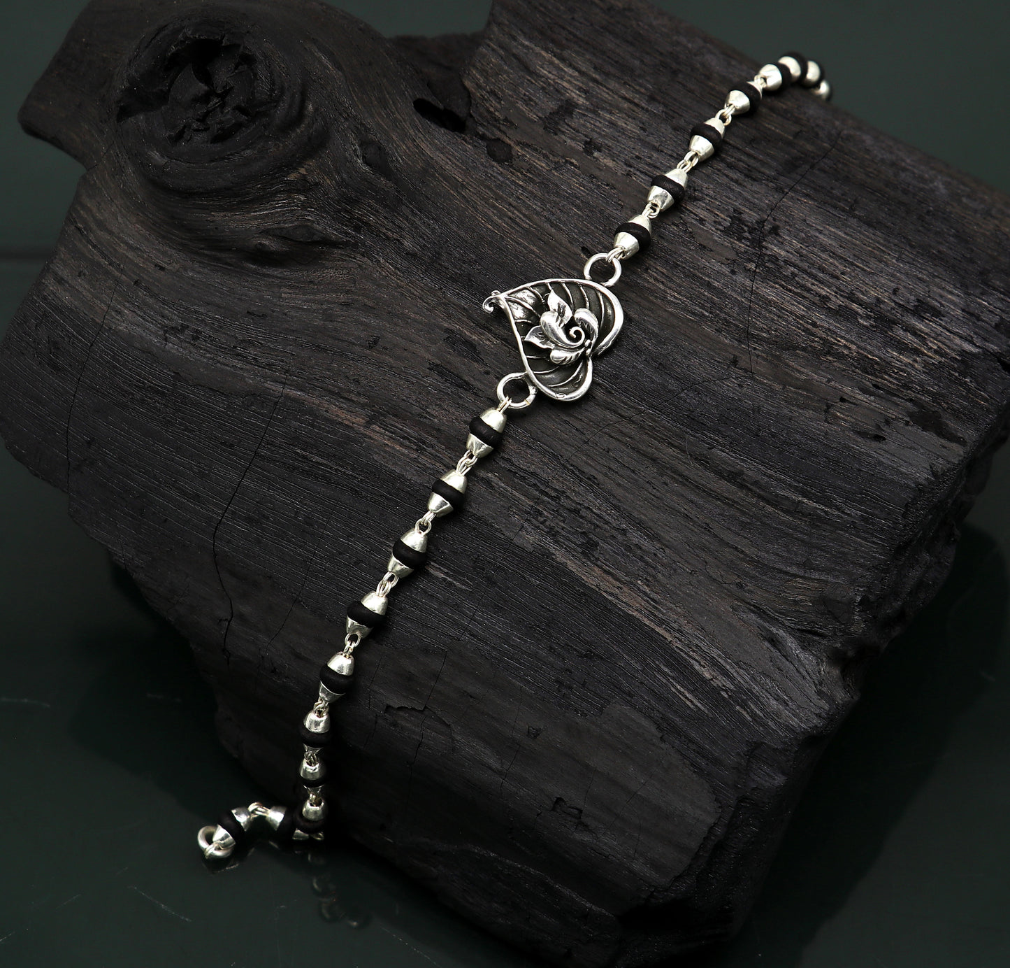 Pure 925 sterling silver Ganesha design tulsi beaded Rakhi Bracelet, special personalized Rakshabandhan gift for brother rk013 - TRIBAL ORNAMENTS