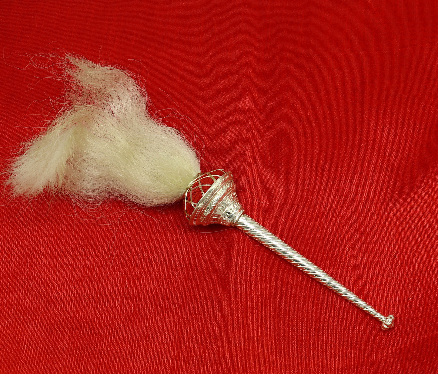 10 inches Vintage style Sterling silver handmade puja chanwar chaur original yalk hair, worshipping fan for idols, home temple article cvr02 - TRIBAL ORNAMENTS