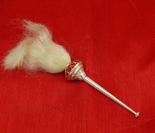 10 inches Vintage style Sterling silver handmade puja chanwar chaur original yalk hair, worshipping fan for idols, home temple article cvr02 - TRIBAL ORNAMENTS