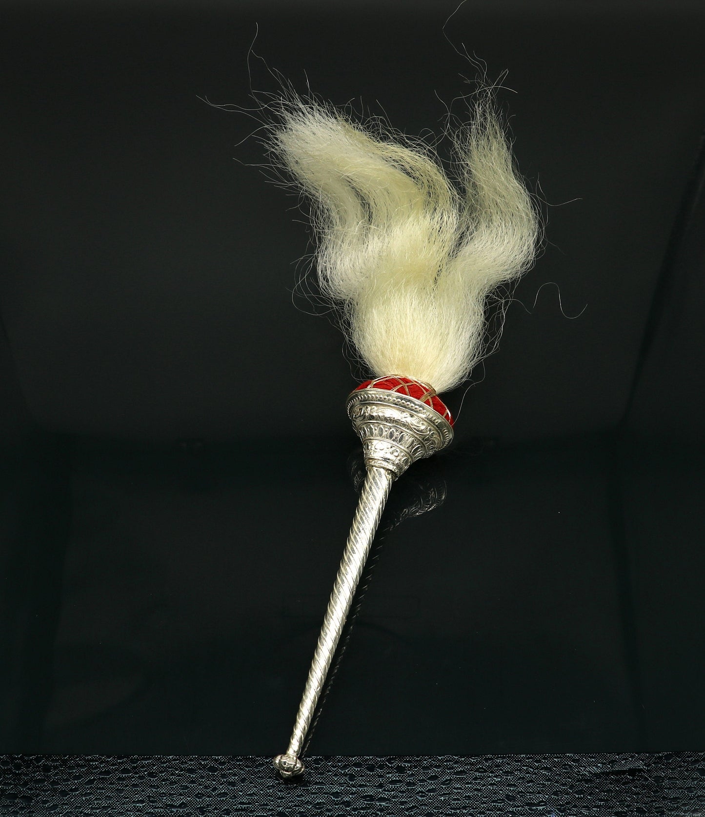10 inches Vintage style Sterling silver handmade puja chanwar chaur original yalk hair, worshipping fan for idols, home temple article cvr02 - TRIBAL ORNAMENTS