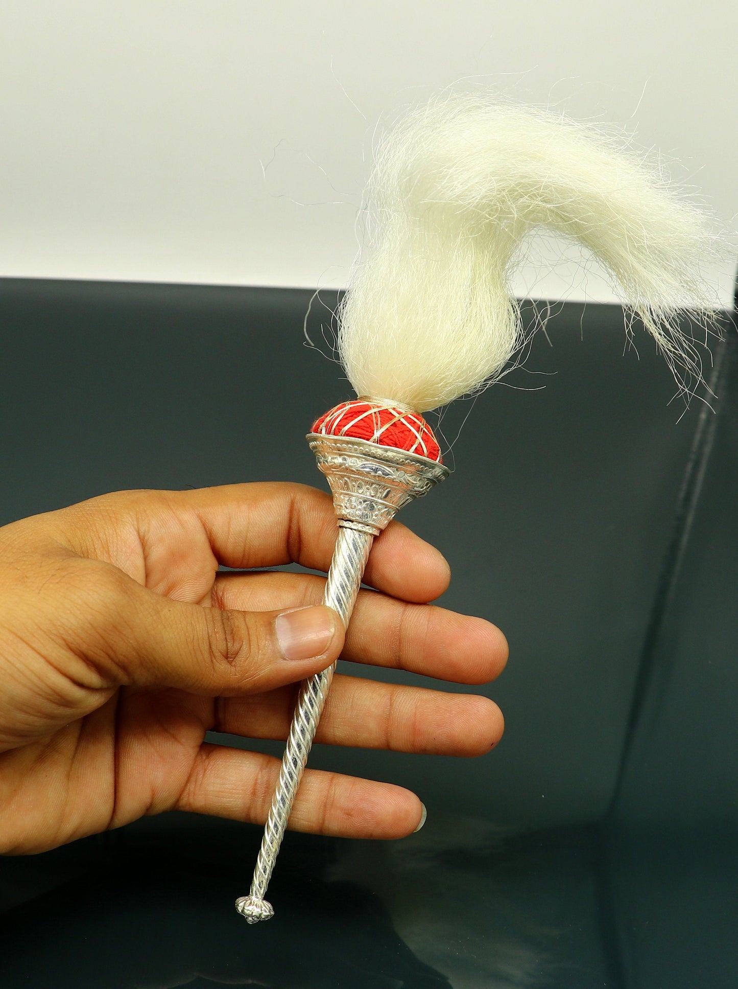 10 inches Vintage style Sterling silver handmade puja chanwar chaur original yalk hair, worshipping fan for idols, home temple article cvr02 - TRIBAL ORNAMENTS
