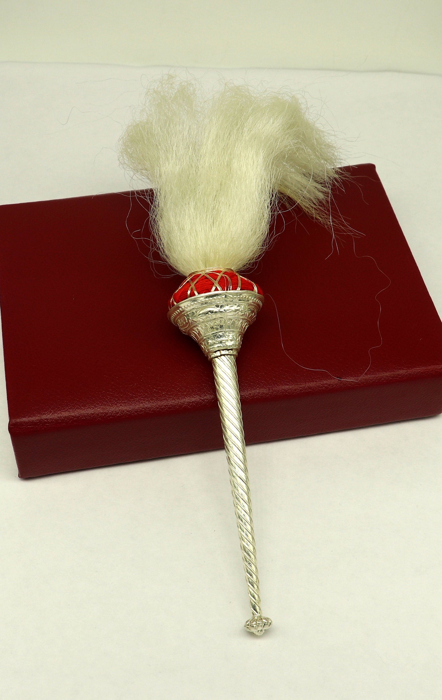 10 inches Vintage style Sterling silver handmade puja chanwar chaur original yalk hair, worshipping fan for idols, home temple article cvr02 - TRIBAL ORNAMENTS
