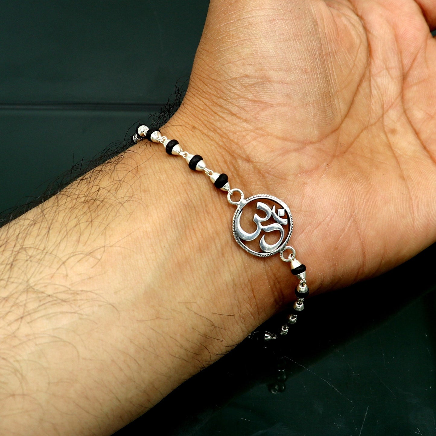 7.5" 925 Sterling silver customized tulsi beaded 'AUM' Rakhi or bracelet. best gift for your brother's for special Rakshabandhan rk15 - TRIBAL ORNAMENTS