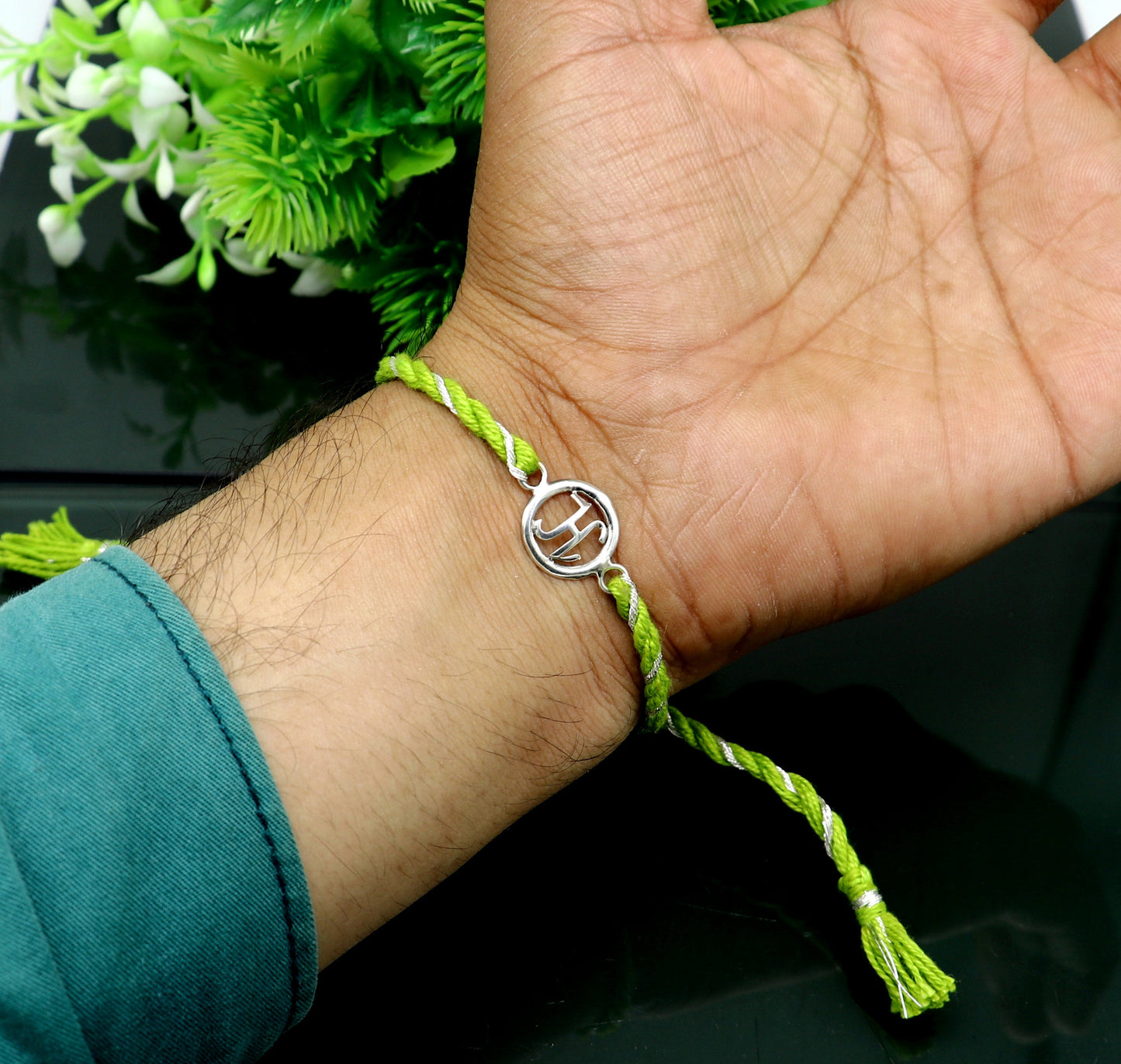 Pure 925 sterling silver handmade custom made Rakhi Bracelet, Exclusive alphabet 'H' design size free Bracelet Rakshabandhan gifting rk23 - TRIBAL ORNAMENTS