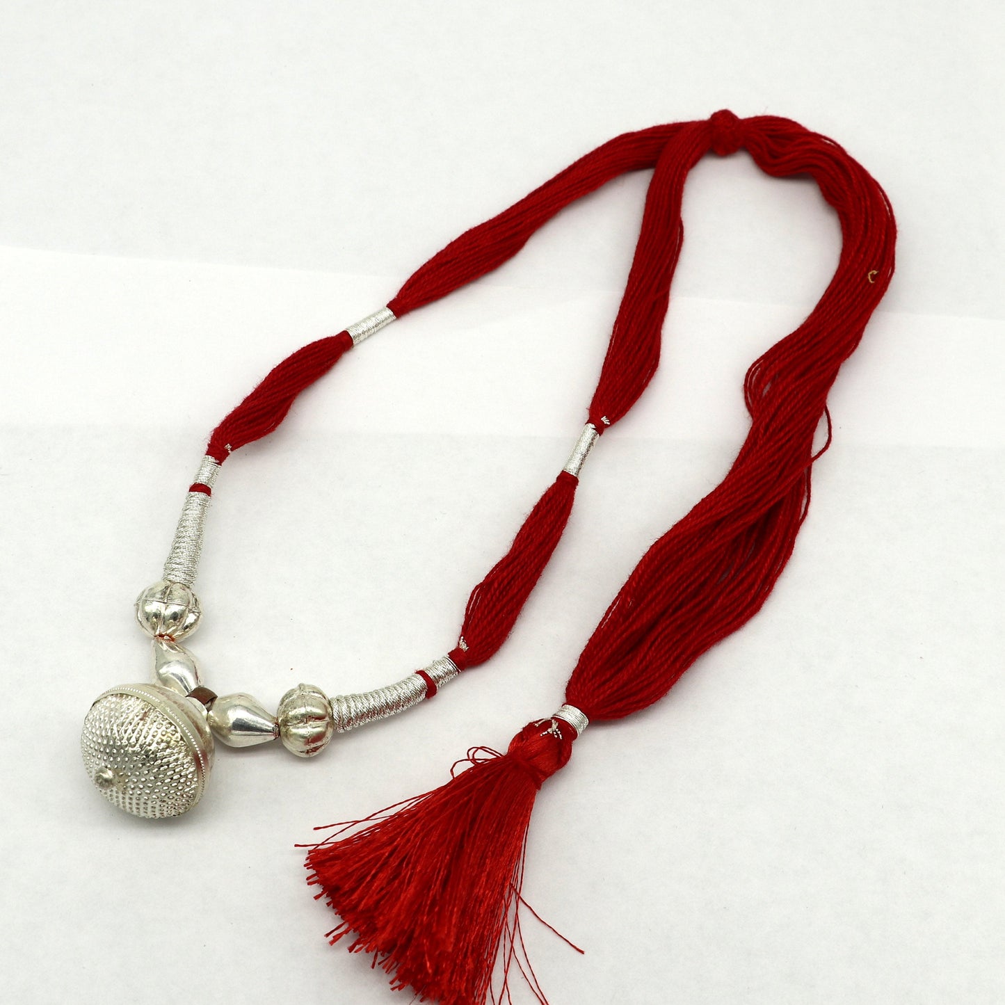 Vintage traditional stylish sterling silver beads with red thread charm necklace, wedding choker tribal brides adjustable jewelry set187 - TRIBAL ORNAMENTS