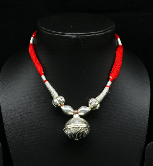Vintage traditional stylish sterling silver beads with red thread charm necklace, wedding choker tribal brides adjustable jewelry set187 - TRIBAL ORNAMENTS