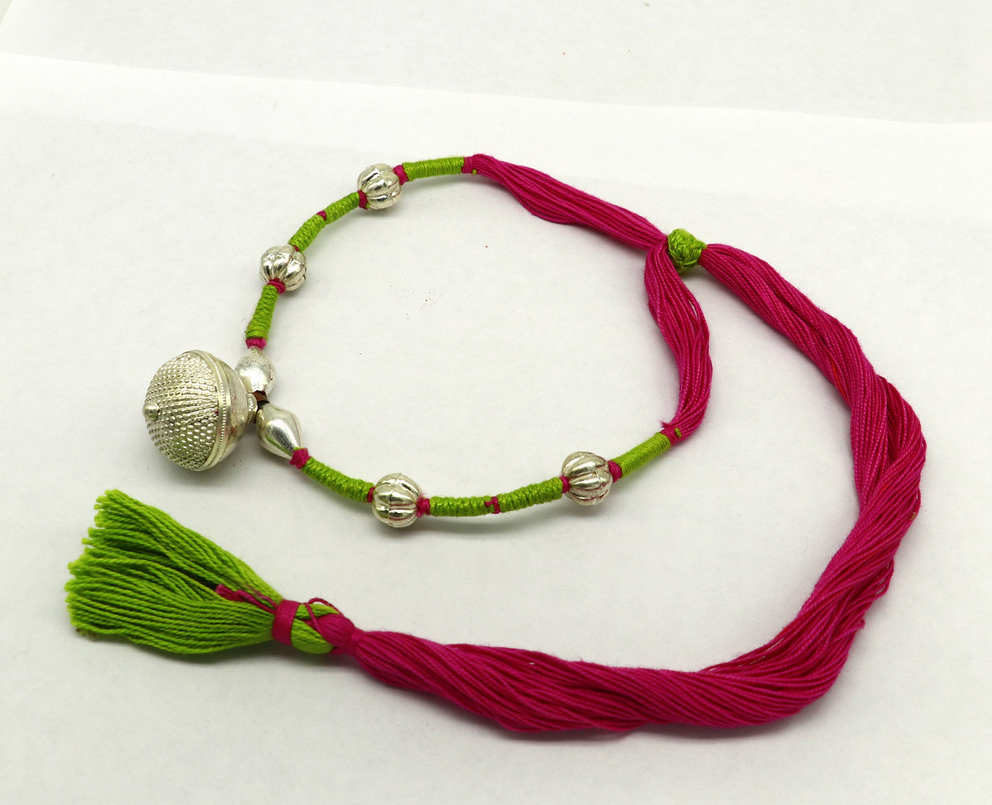 Vintage traditional stylish sterling silver beads with pink thread charm necklace, wedding choker tribal brides adjustable jewelry set188 - TRIBAL ORNAMENTS