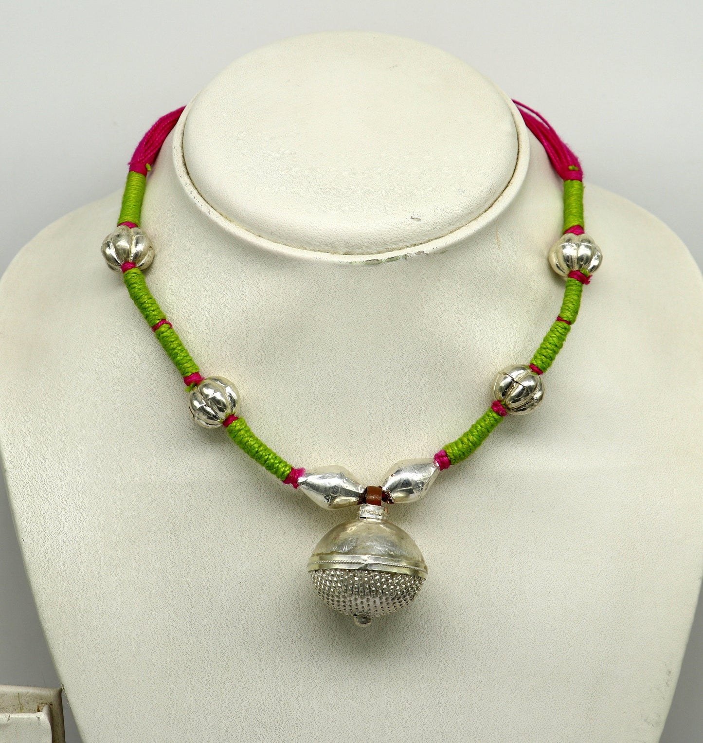 Vintage traditional stylish sterling silver beads with pink thread charm necklace, wedding choker tribal brides adjustable jewelry set188 - TRIBAL ORNAMENTS