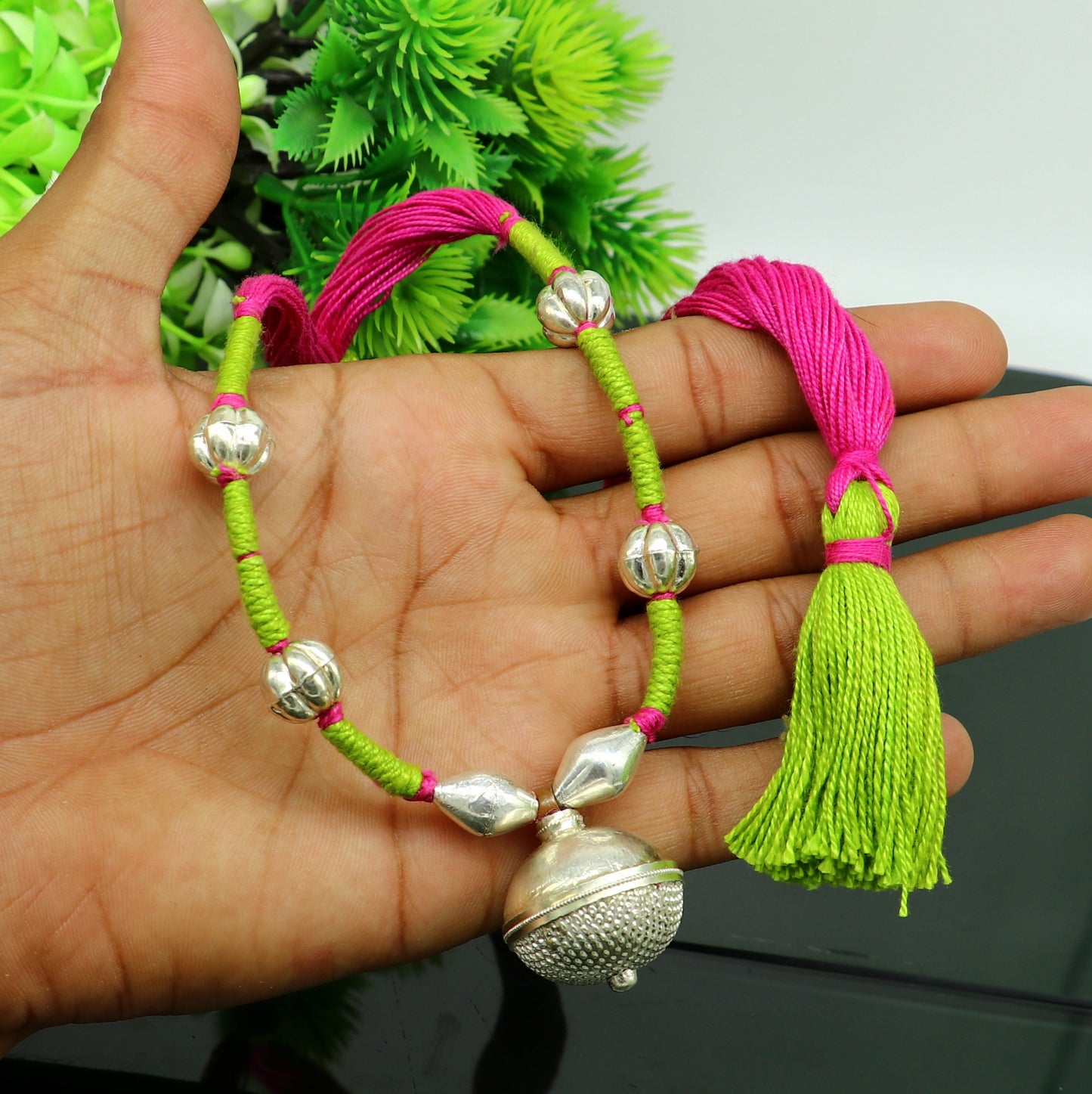 Vintage traditional stylish sterling silver beads with pink thread charm necklace, wedding choker tribal brides adjustable jewelry set188 - TRIBAL ORNAMENTS