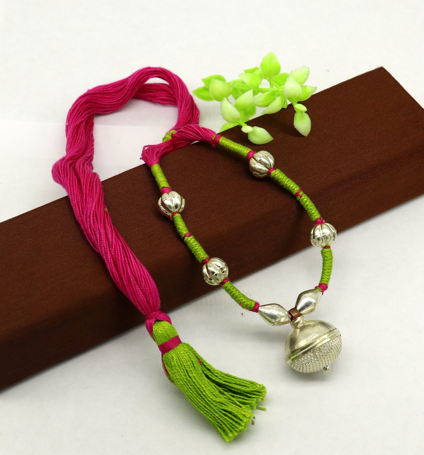 Vintage traditional stylish sterling silver beads with pink thread charm necklace, wedding choker tribal brides adjustable jewelry set188 - TRIBAL ORNAMENTS