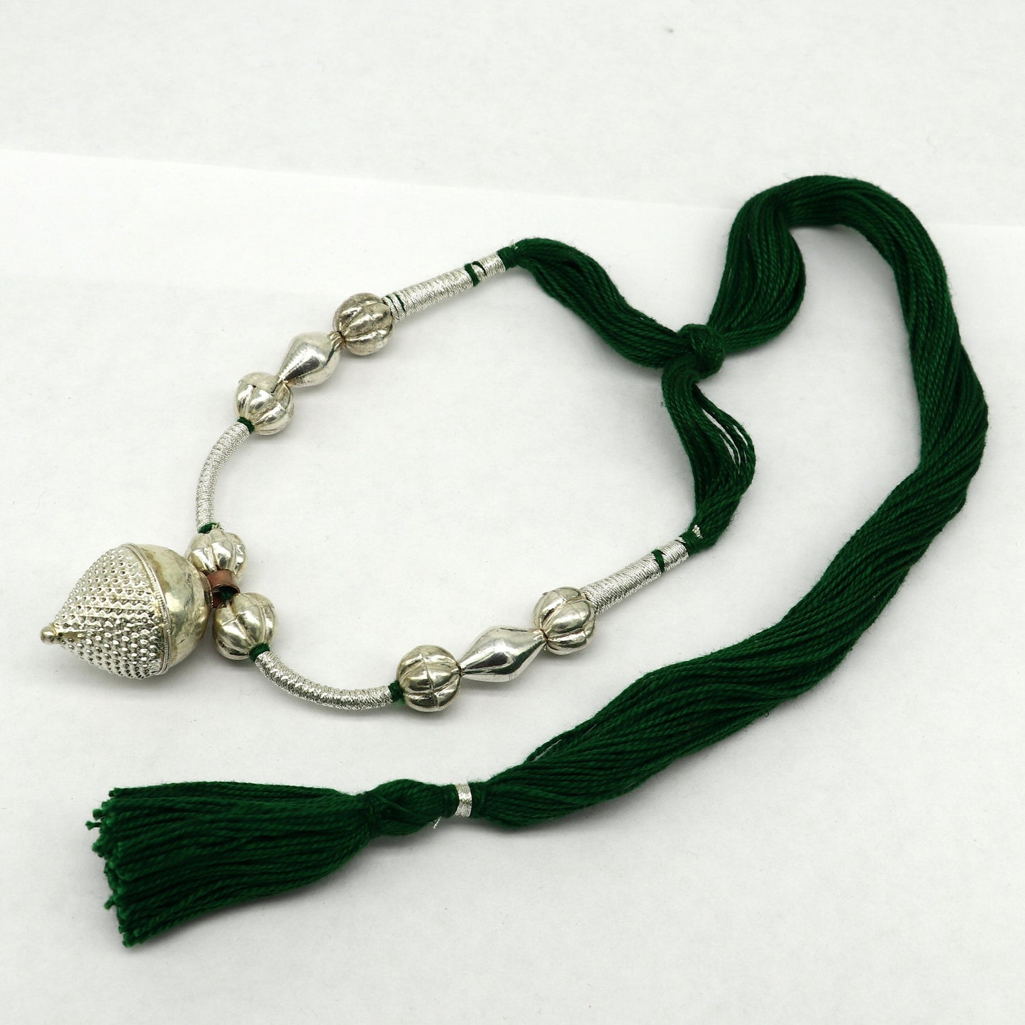 Amazing customized vintage style Sterling silver beads with Green thread charm necklace, wedding choker tribal adjustable jewelry set190 - TRIBAL ORNAMENTS