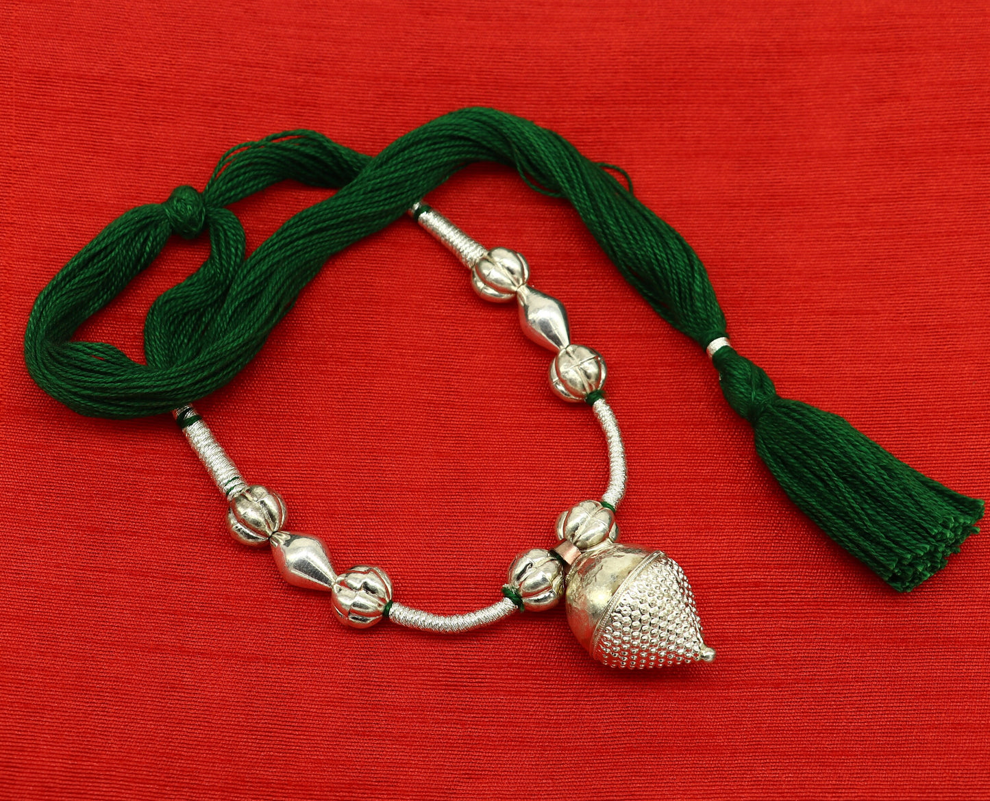 Amazing customized vintage style Sterling silver beads with Green thread charm necklace, wedding choker tribal adjustable jewelry set190 - TRIBAL ORNAMENTS