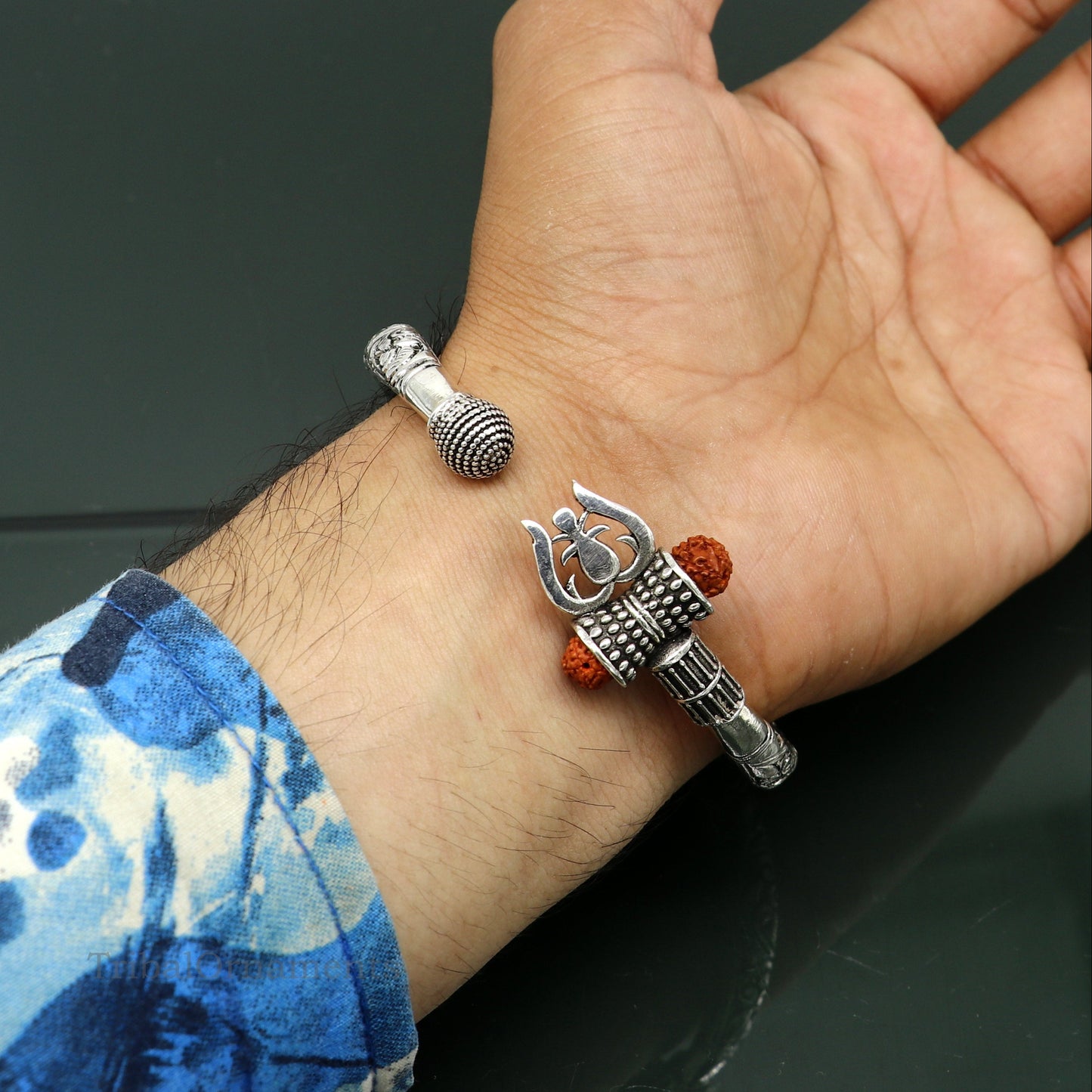 925 sterling silver customized Shiva trident trishul bangle men's bracelet, kandrai or Nakshi work men's gifting jewelry from India nssk387 - TRIBAL ORNAMENTS