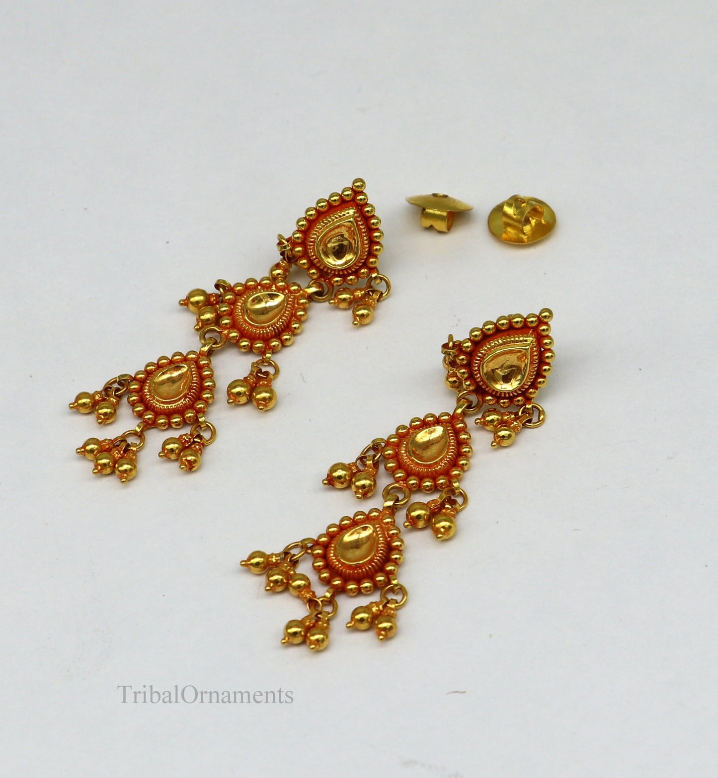 22Kt yellow gold handmade Vintage antique tussi design earring, gorgeous brides gifting stud earring drop dangle wedding jewelry ear130 - TRIBAL ORNAMENTS