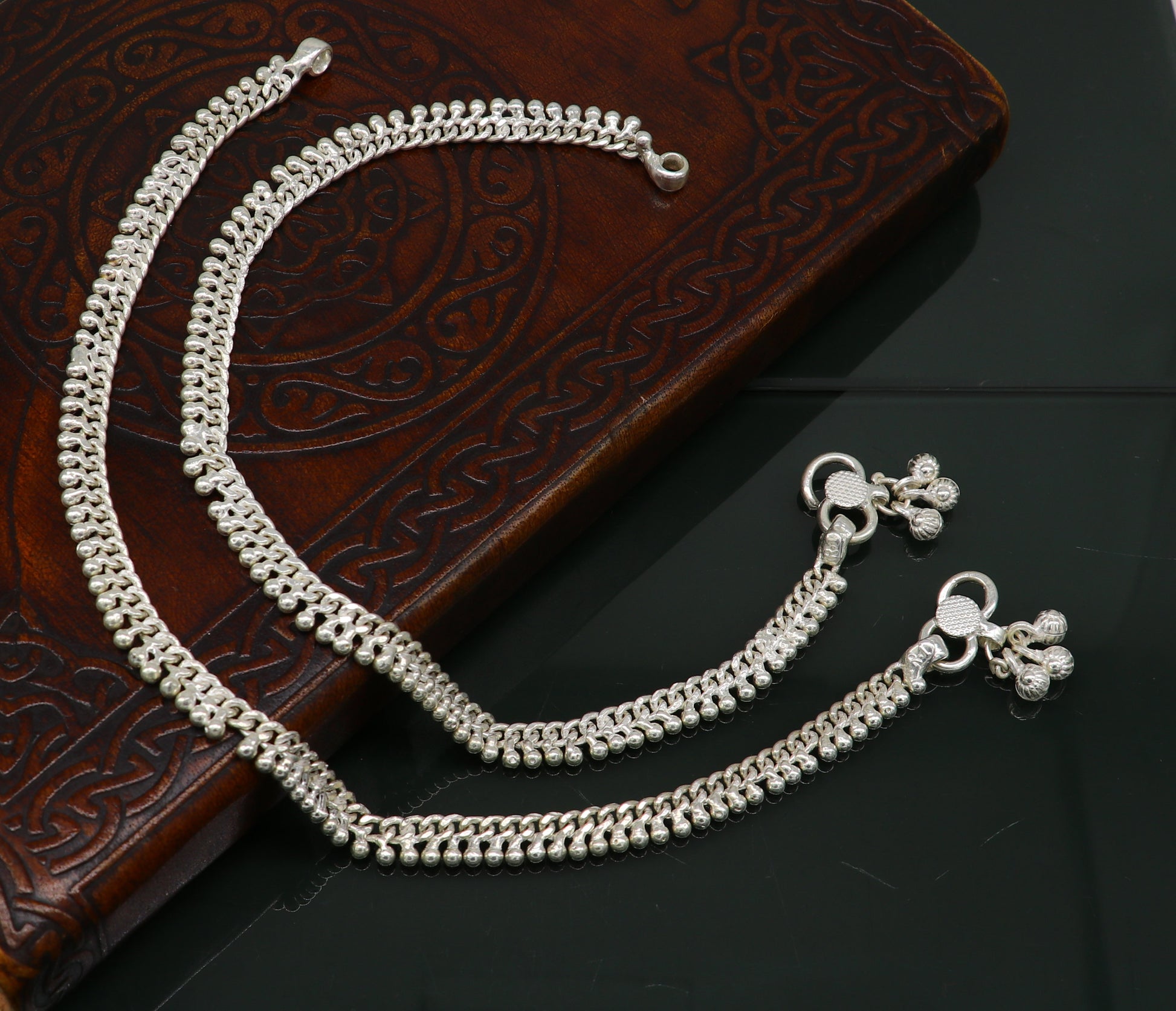 11" sterling silver solid customized Waved tiny beaded design ankle bracelet foot bracelet anklet vintage tribal belly dance jewelry ank373 - TRIBAL ORNAMENTS