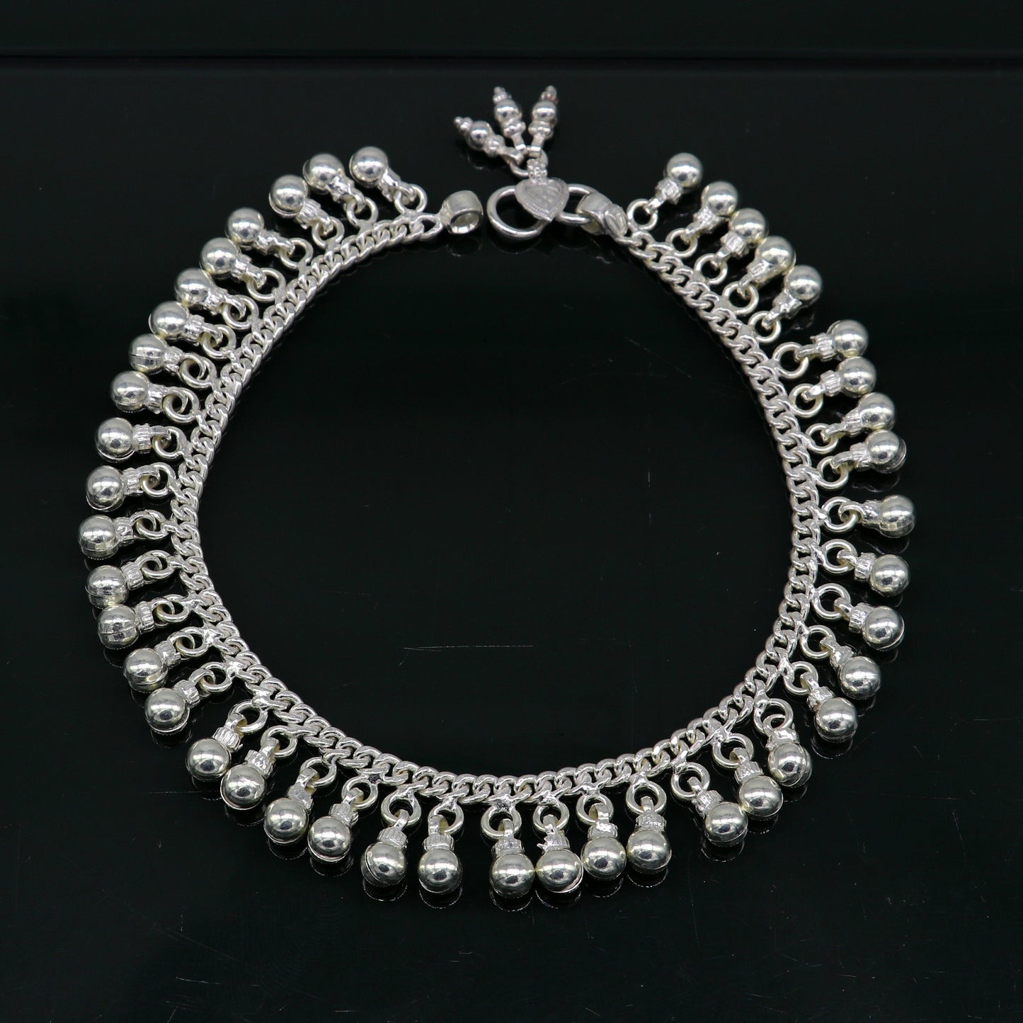 10.5" Vintage antique style sterling silver handmade solid chain ankle bracelet with amazing noisy jingle bells belly genuine jewelry ank379 - TRIBAL ORNAMENTS