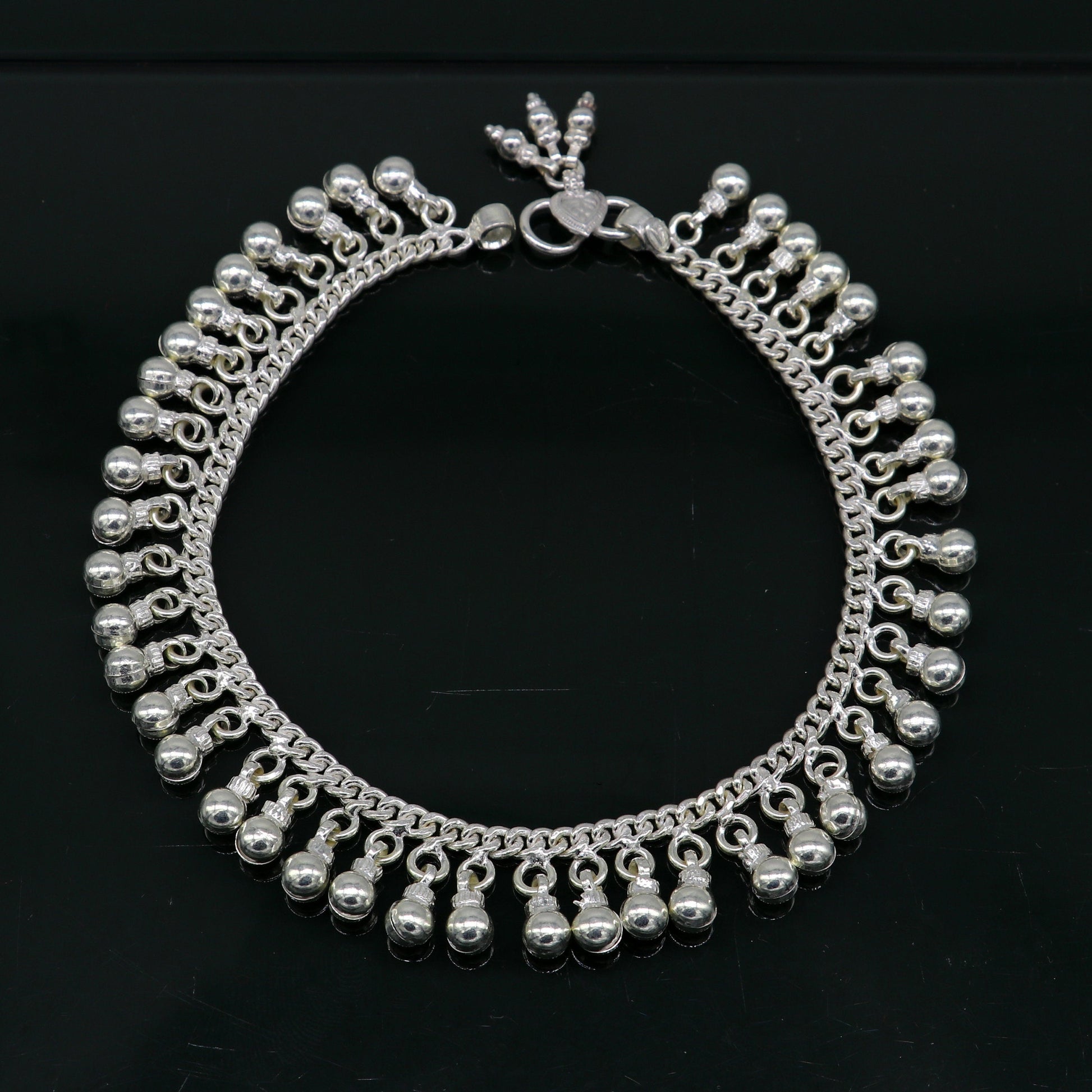 10.5" Vintage antique style sterling silver handmade solid chain ankle bracelet with amazing noisy jingle bells belly genuine jewelry ank379 - TRIBAL ORNAMENTS