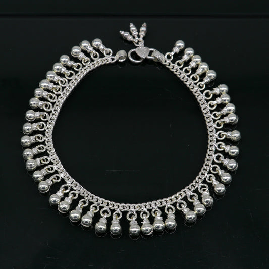 10.5" Vintage antique style sterling silver handmade solid chain ankle bracelet with amazing noisy jingle bells belly genuine jewelry ank379 - TRIBAL ORNAMENTS