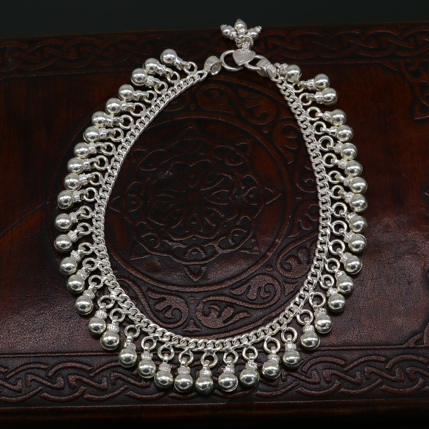 10.5" Vintage antique style sterling silver handmade solid chain ankle bracelet with amazing noisy jingle bells belly genuine jewelry ank379 - TRIBAL ORNAMENTS