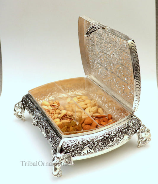 925 sterling silver Vintage nakshi work design handmade dry fruit box, candy box, jewelry box, best brides gift, corporation gift box06 - TRIBAL ORNAMENTS