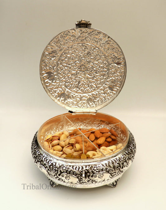 925 sterling silver Vintage nakshi work design handmade round dry fruit box, container casket box, best brides gift, corporation gift box07 - TRIBAL ORNAMENTS