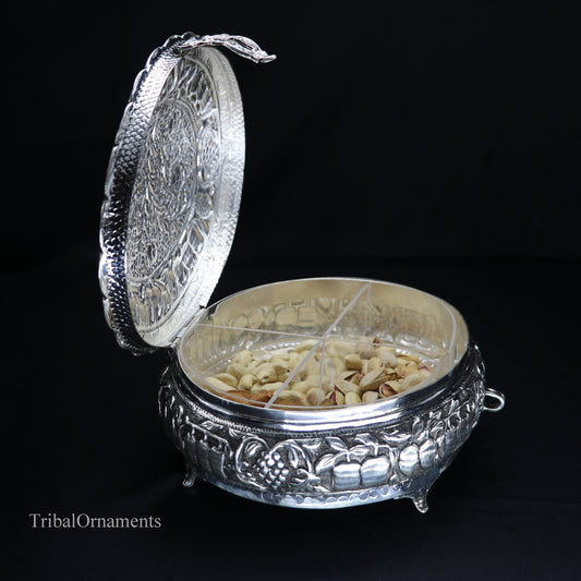 925 sterling silver Vintage nakshi work design handmade round dry fruit box, container casket box, best brides gift, corporation gift box08 - TRIBAL ORNAMENTS