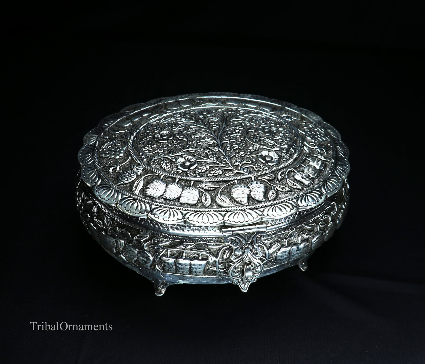 925 sterling silver Vintage nakshi work design handmade round dry fruit box, container casket box, best brides gift, corporation gift box08 - TRIBAL ORNAMENTS