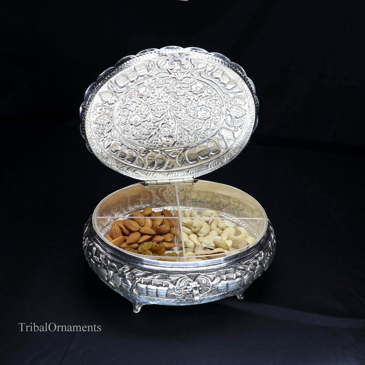 925 sterling silver Vintage nakshi work design handmade round dry fruit box, container casket box, best brides gift, corporation gift box08 - TRIBAL ORNAMENTS