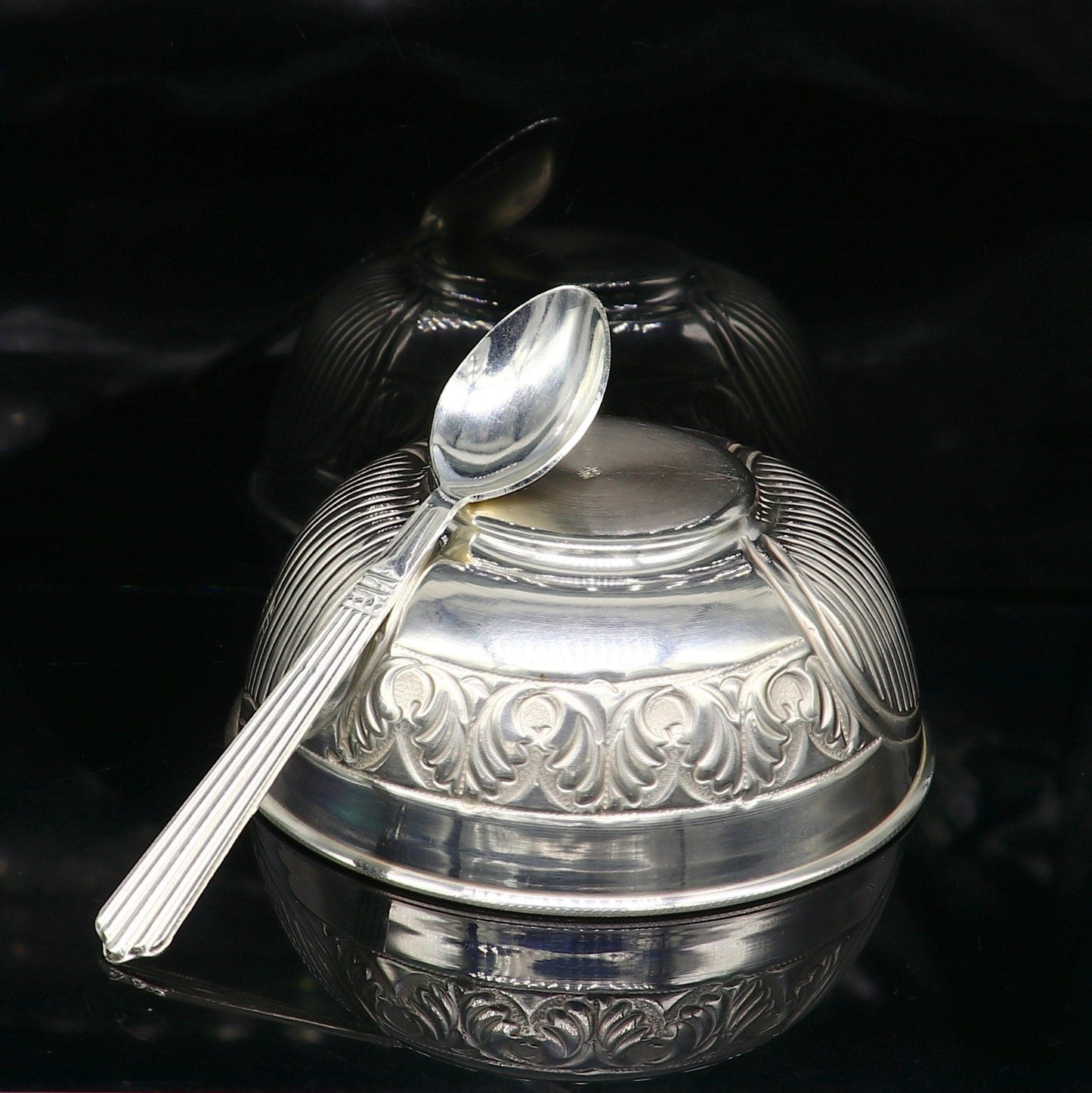999 fine silver exclusive handcrafted work baby bowl and spoon set, puja utensils, silver article, silver utensils, silver vessel baby sv210 - TRIBAL ORNAMENTS