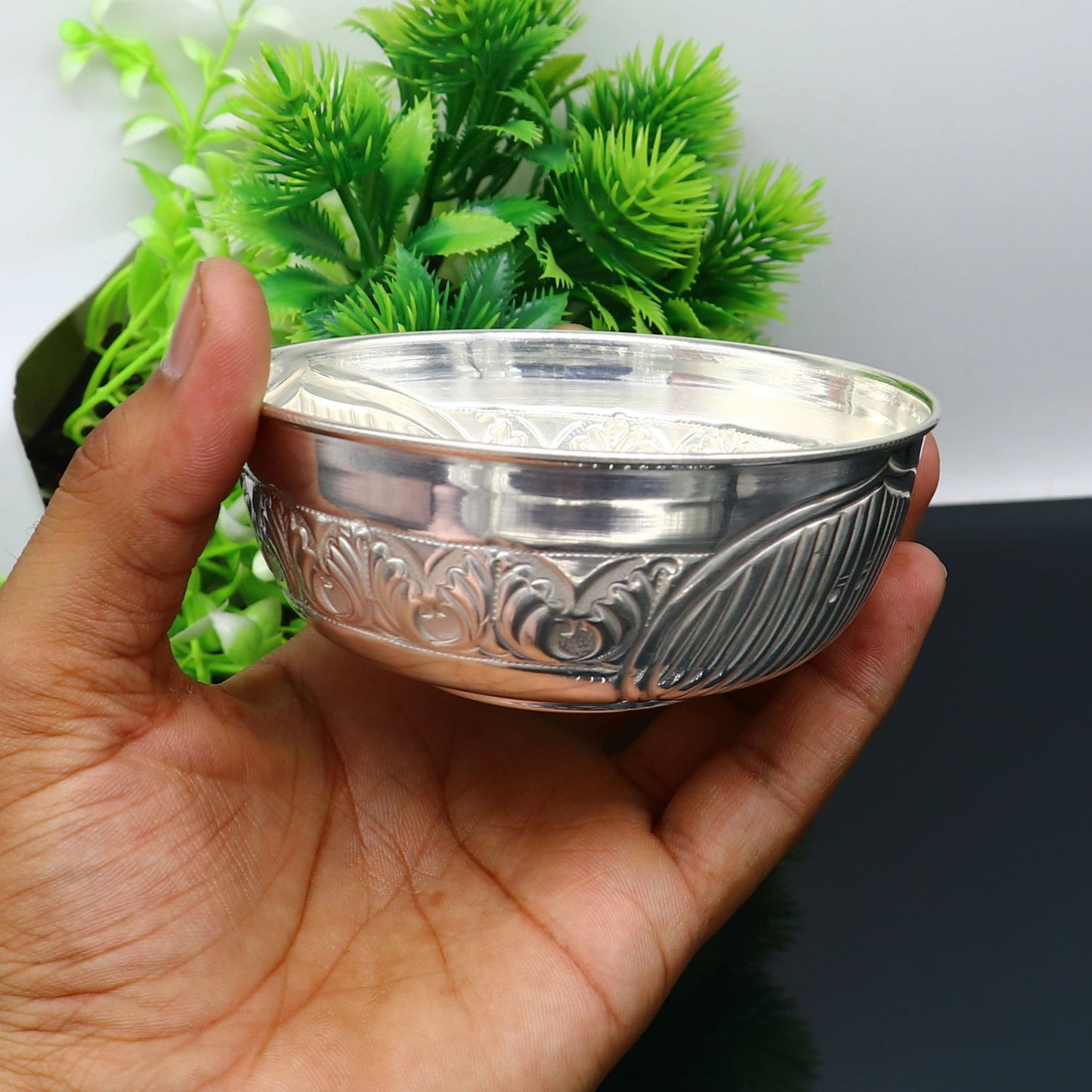 999 fine silver exclusive handcrafted work baby bowl and spoon set, puja utensils, silver article, silver utensils, silver vessel baby sv210 - TRIBAL ORNAMENTS