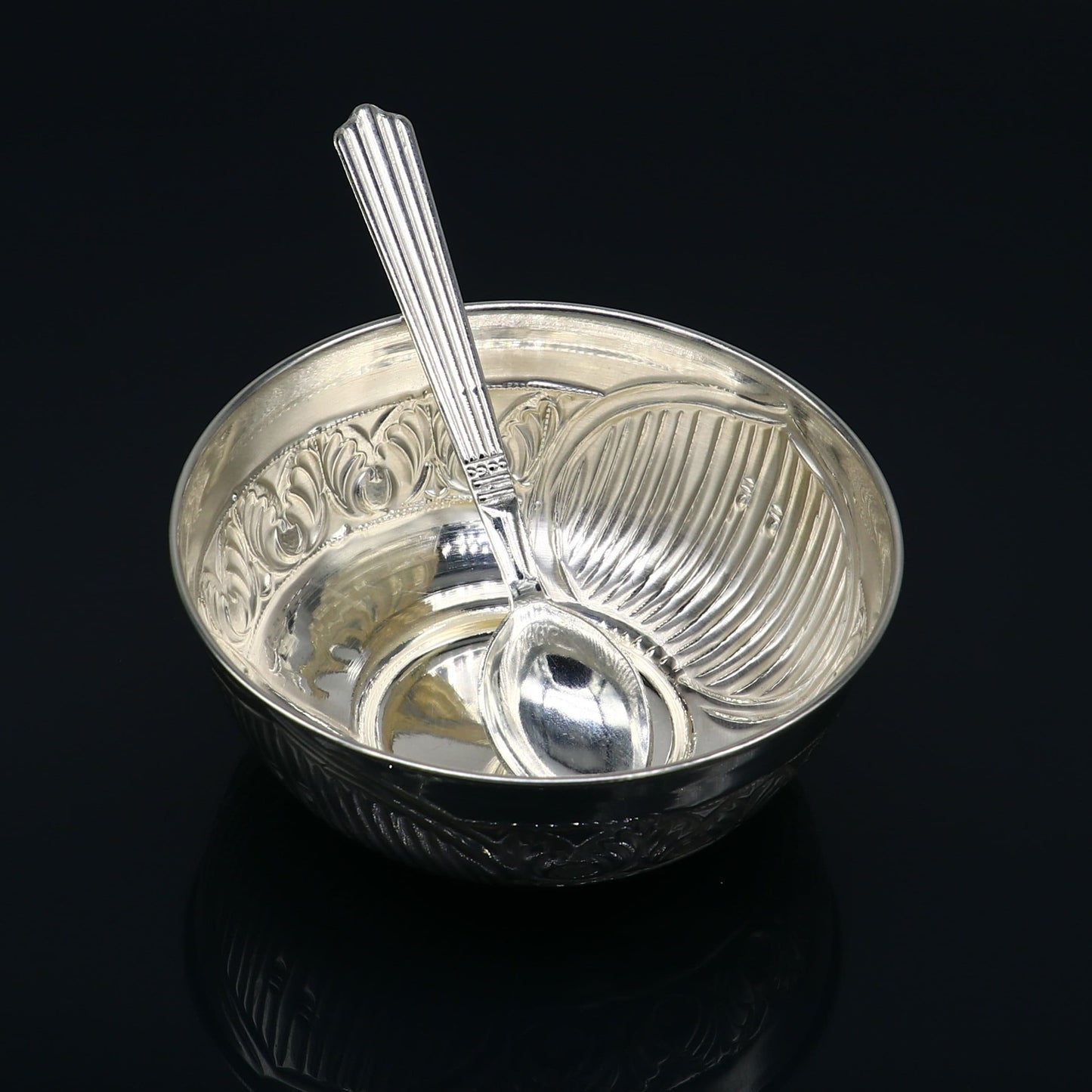 999 fine silver exclusive handcrafted work baby bowl and spoon set, puja utensils, silver article, silver utensils, silver vessel baby sv210 - TRIBAL ORNAMENTS