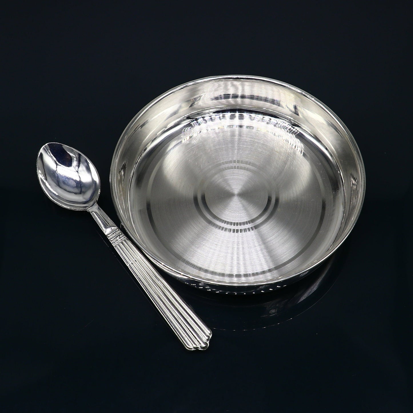 999 fine solid silver handmade tray/ plate for baby food serving, silver vessels, silver utensils,best new born baby gift india sv211 - TRIBAL ORNAMENTS