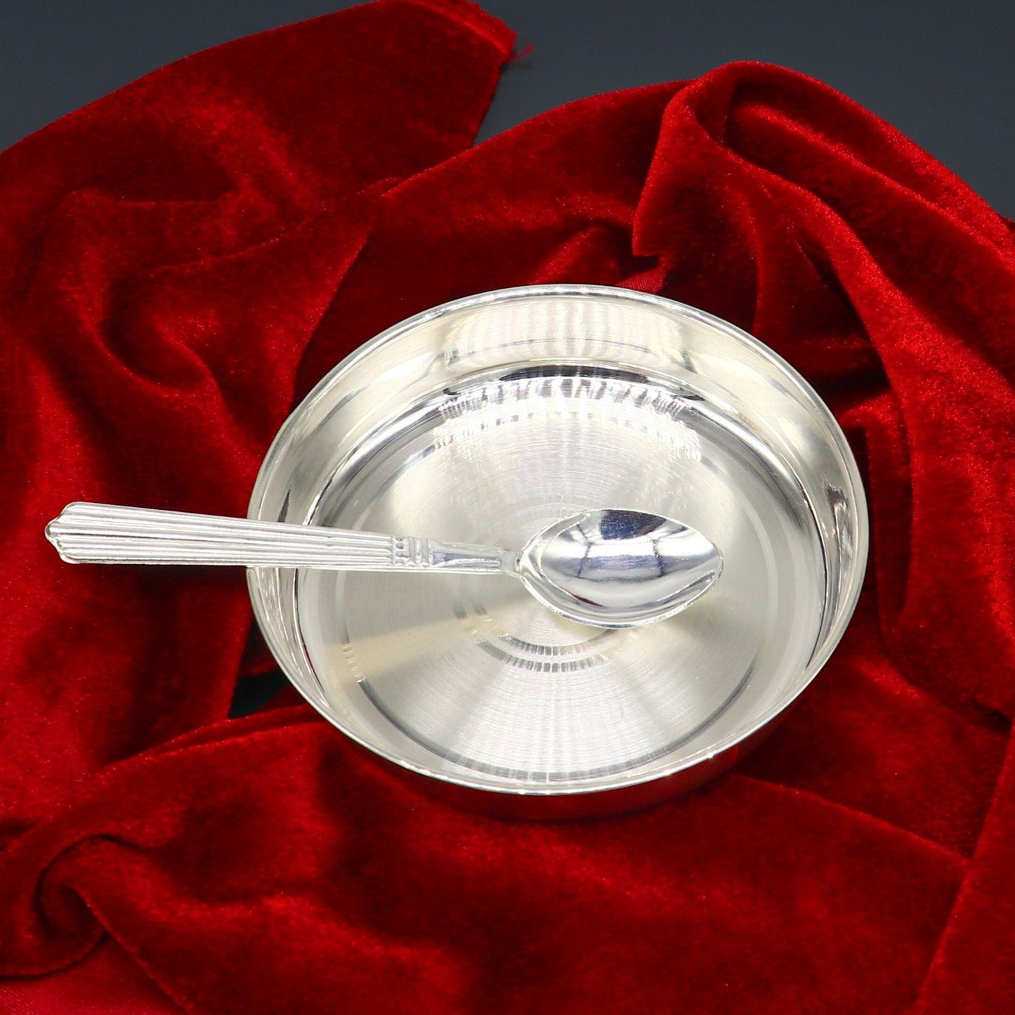 999 fine solid silver handmade tray/ plate for baby food serving, silver vessels, silver utensils,best new born baby gift india sv211 - TRIBAL ORNAMENTS