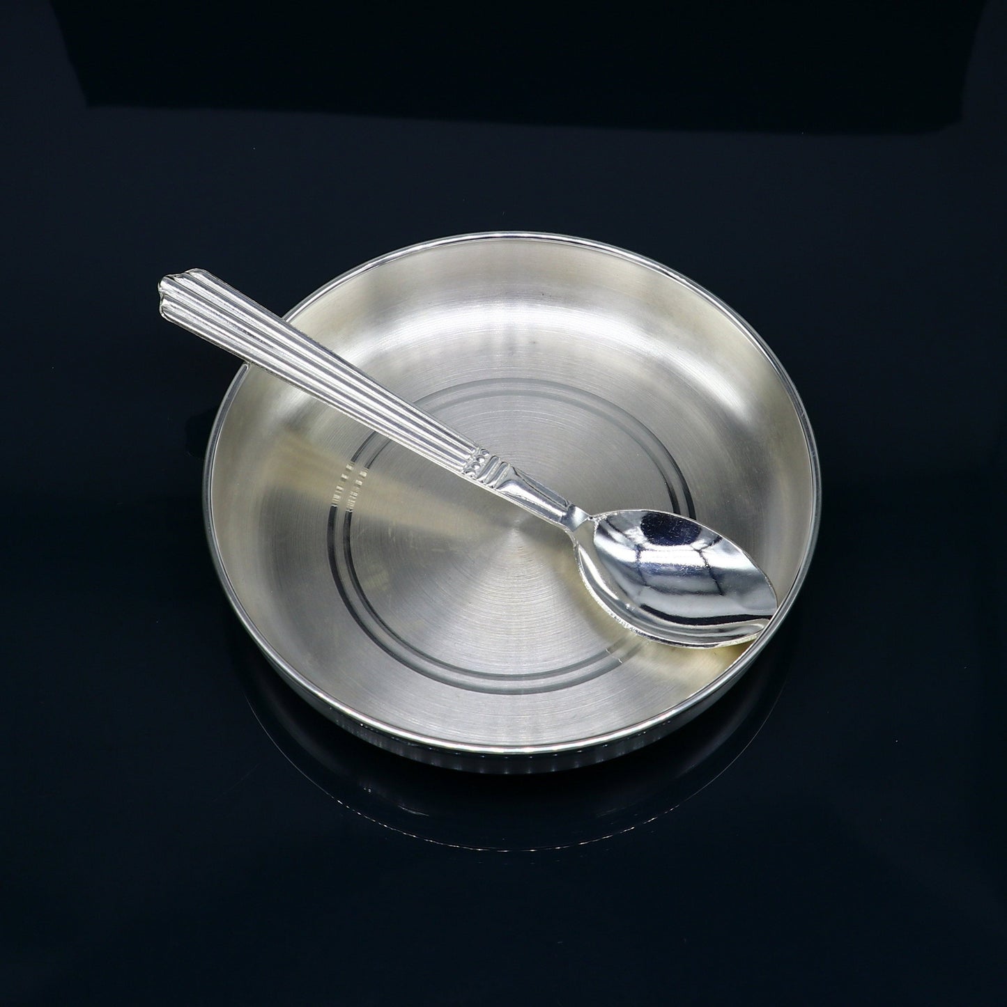 999 fine solid silver handmade tray/ plate for baby food serving, silver vessels, silver utensils,best new born baby gift india sv212 - TRIBAL ORNAMENTS