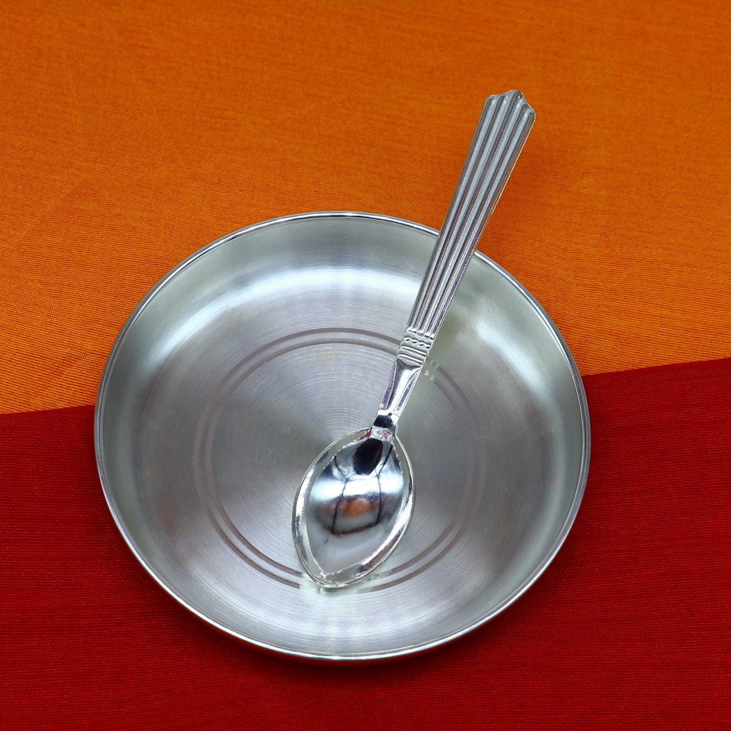999 fine solid silver handmade tray/ plate for baby food serving, silver vessels, silver utensils,best new born baby gift india sv212 - TRIBAL ORNAMENTS