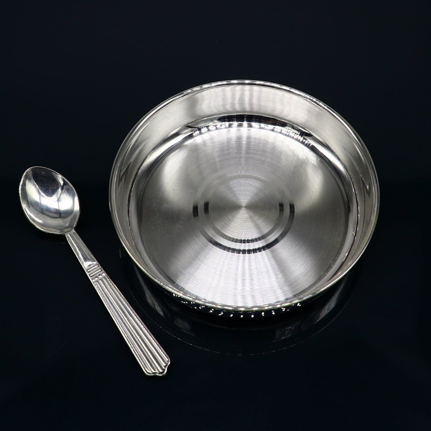 999 fine solid silver handmade tray/ plate for baby food serving, silver vessels, silver utensils,best new born baby gift india sv213 - TRIBAL ORNAMENTS