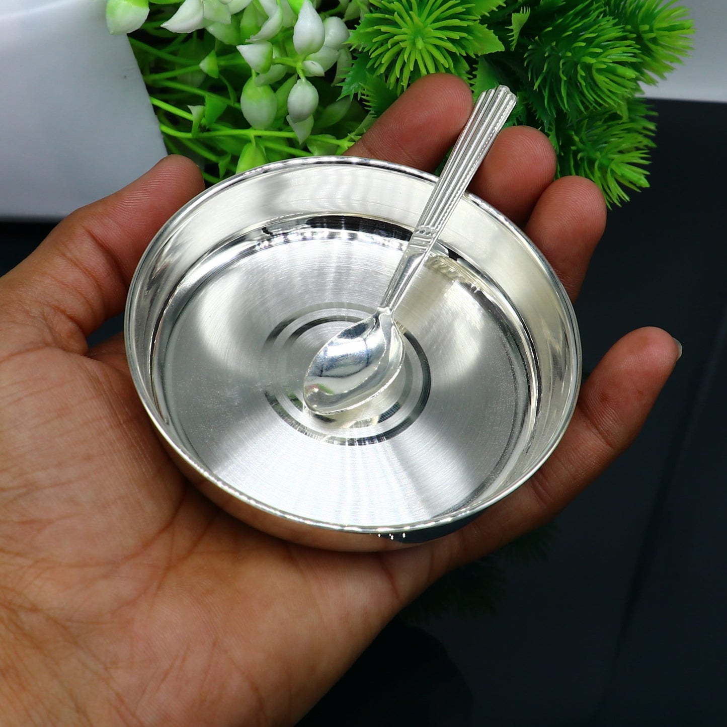 999 fine solid silver handmade tray/ plate for baby food serving, best kids gift for rice ceremony /Annaprashana utensils india sv213 - TRIBAL ORNAMENTS